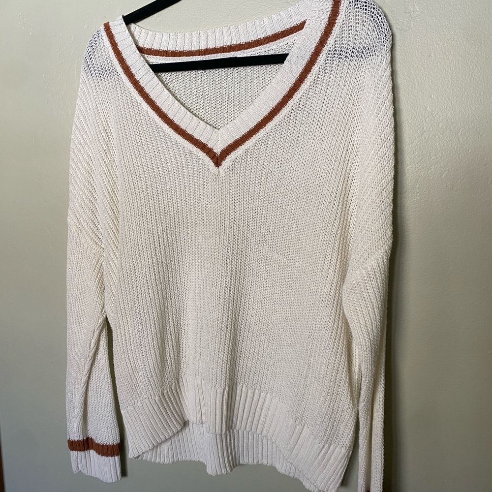 Chunky Knit Cream V-Neck Sweater with Brown Trim